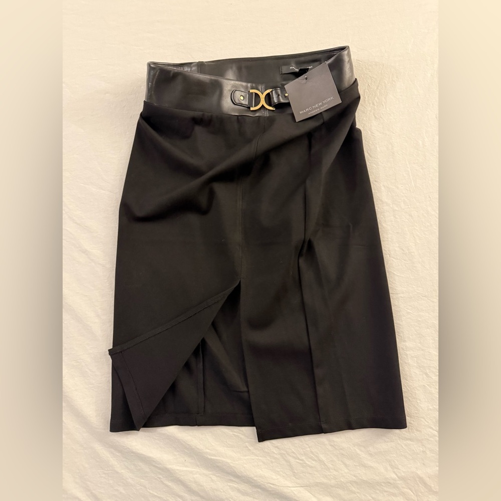 Marc New York Andrew Marc Black Faux Leather Trim Pencil Skirt M5MST281 NWT